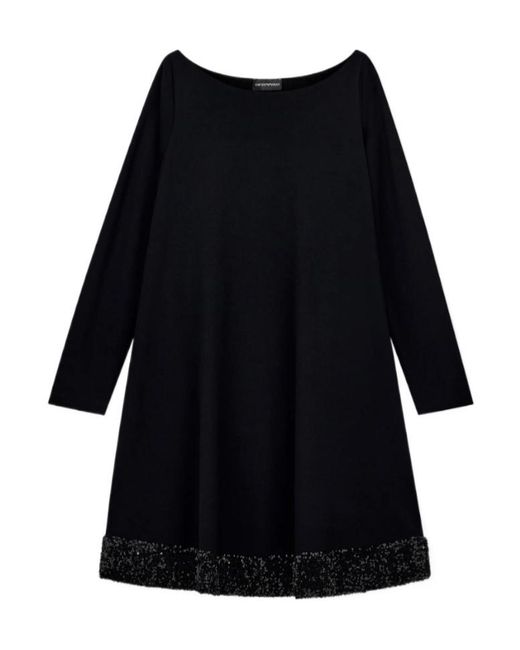 Emporio Armani Black Short A-Line Dress With Boat Neck And Sequin Trim