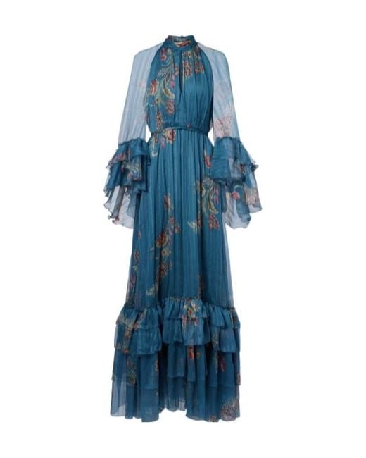 Etro Blue Ruffled Floral-Print Maxi Dress