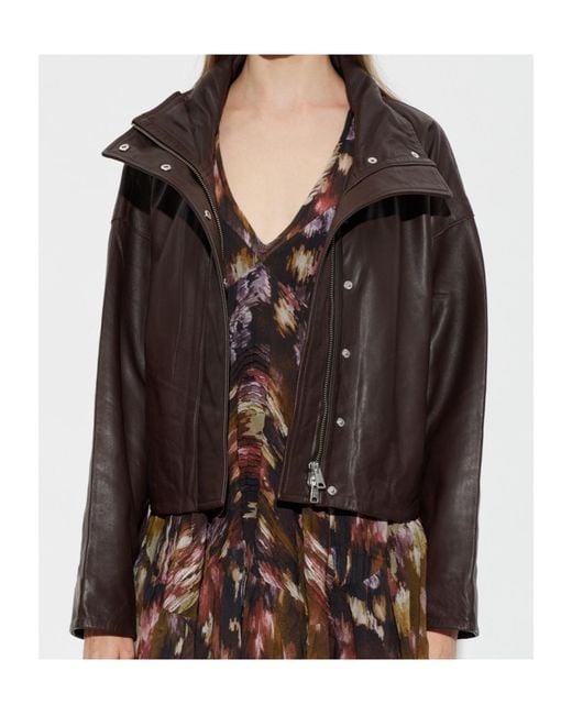 AllSaints Brown High-Necked Long-Sleeved Leather Jacket