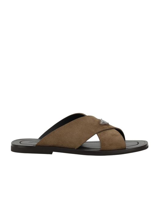 Prada Brown Triangle-Logo Criss-Cross Slides for men