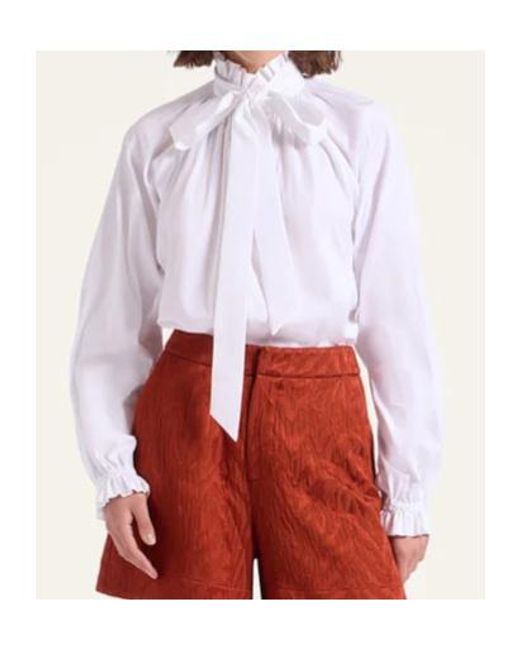 LaDoubleJ White Tie-Neck Cotton Blouse