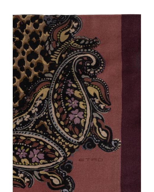 Etro Purple Wool, Cashmere And Silk Shawl With Animal And Paisley Motif