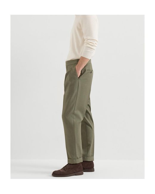Brunello Cucinelli Green Virgin-Wool Diagonal Trousers With Reversed Double-Pleats And Waist-Tabs for men