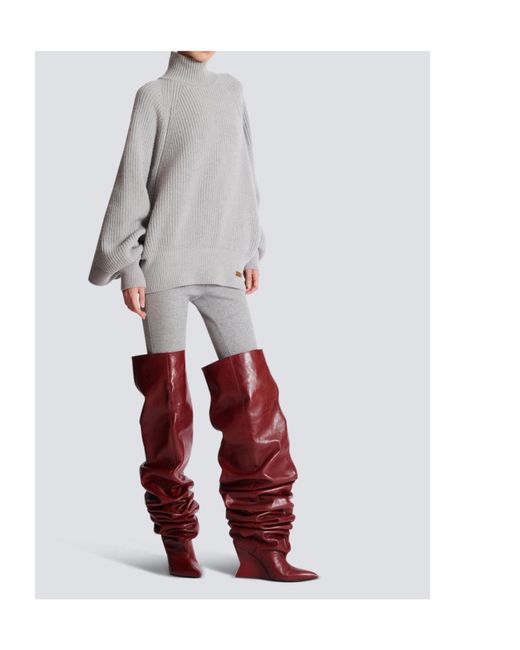 Balmain Gray High-Neck Ribbed Knit Jumper