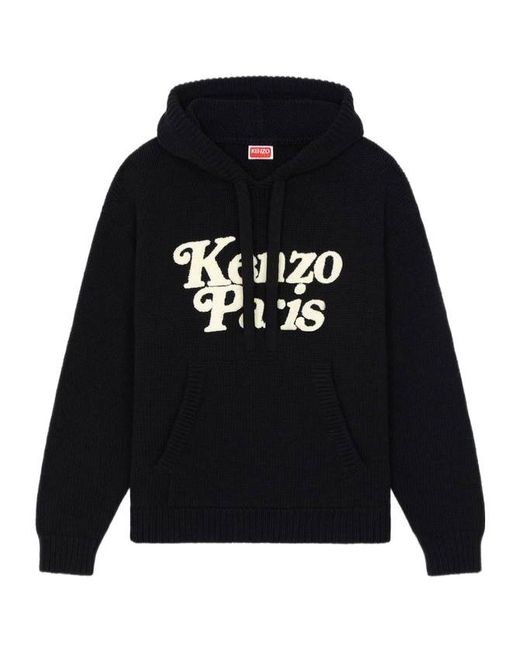 KENZO Black Logo Detailed Drawstring Knit Hoodie for men