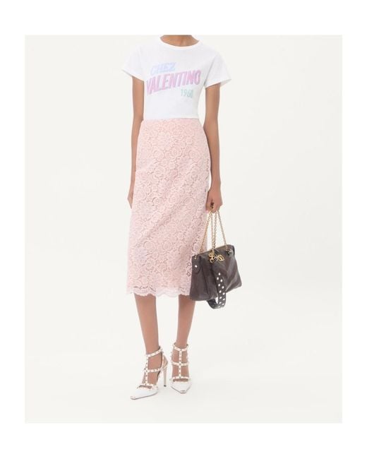 Valentino Pink Floral Lace Midi Skirt