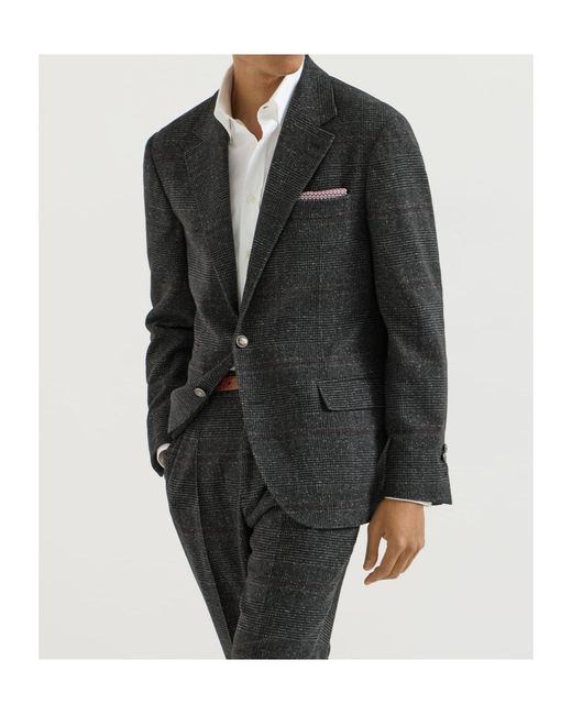 Brunello Cucinelli Black Silk, Wool And Cashmere Prince Of Wales Flannel Deconstructed Blazer for men