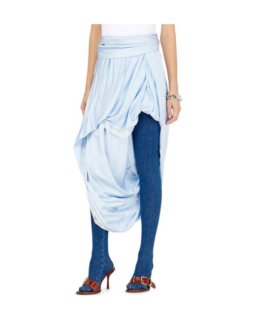 DIESEL Blue Draped Satin Midi Skirt With Lace-Trim