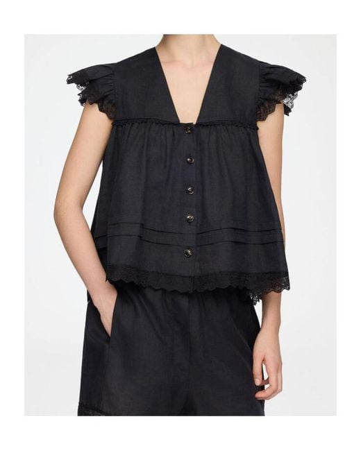 Ganni Black Lace-Trim V-Neck Linen Top