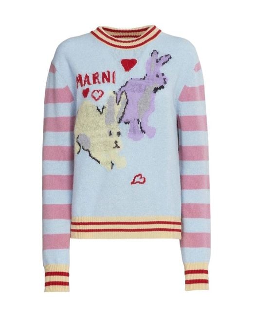 Marni Blue Sweater With Multicolour Inlay