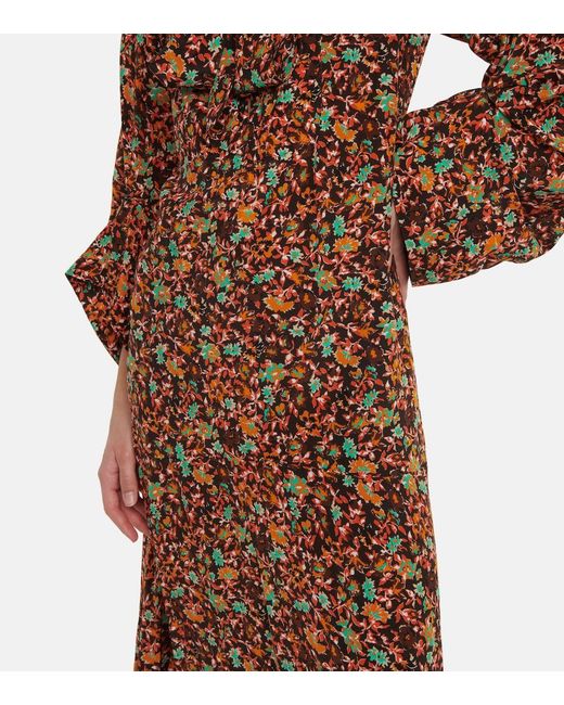 Victoria Beckham Brown Floral Silk Midi Dress With Tie-Neck