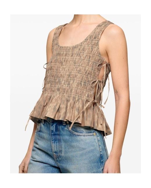 Ganni Natural Smocked Tie-Detail Top
