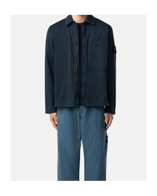 Stone Island Blue Overshirt With Chest Pocket And Two-Way Zip for men