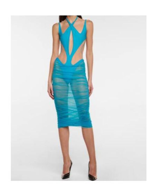 Mugler Blue Cutout Paneled Tulle Midi Dress