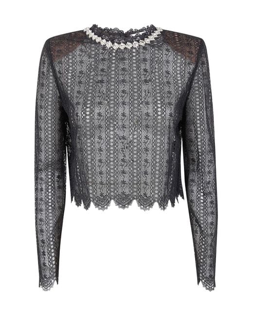 Self-Portrait Gray Embellished Trim Lace Blouse