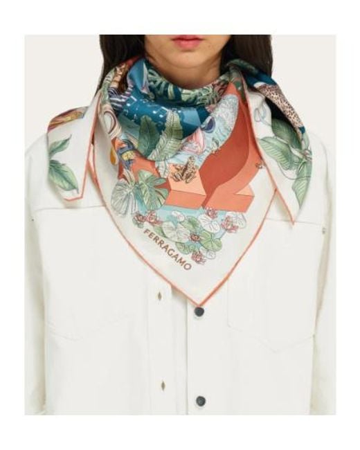 Ferragamo White Jungle Party Print Silk Scarf
