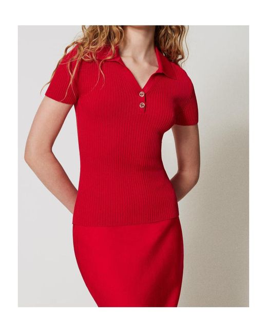 Twinset Red Fine Ribbed Polo Top