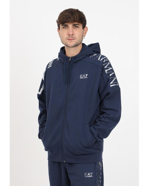 EA7 Blue Pull Rope Hooded Sweater for men
