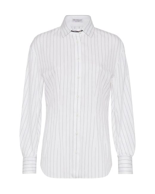 Brunello Cucinelli White Striped Collared Long-Sleeve Shirt