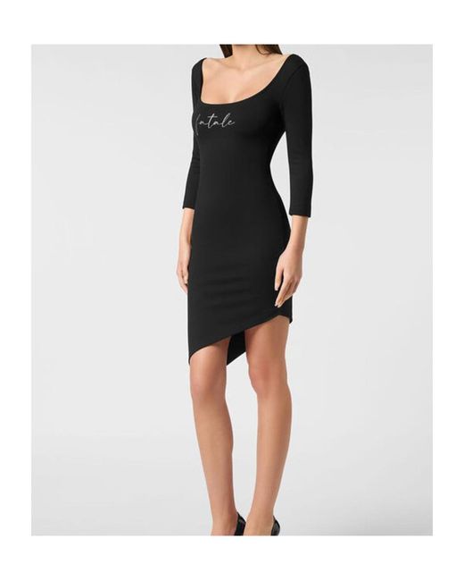 Philipp Plein Black Three-Quarter Sleeve Asymmetric Dress