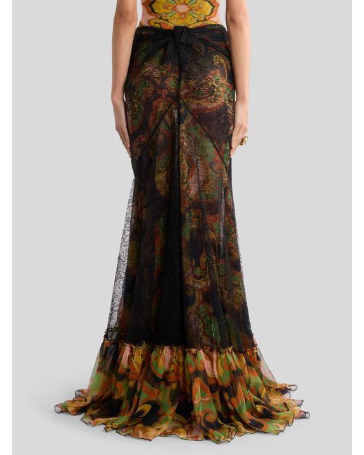 Etro Natural Silk Maxi Skirt With Lace And Floral Motif