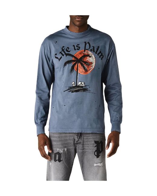 Palm Angels Blue Gfraphic-Print Garment-Dyed Sweatshirt for men