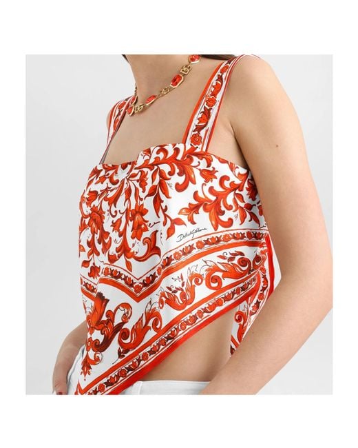 Dolce & Gabbana Red Majolica-Print Silk Twill Bustier Top