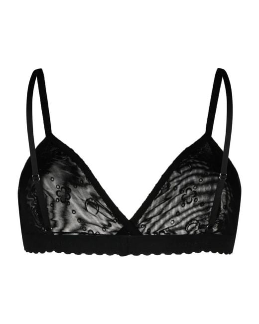 MARINE SERRE Black Logo Flocked Mesh Bra