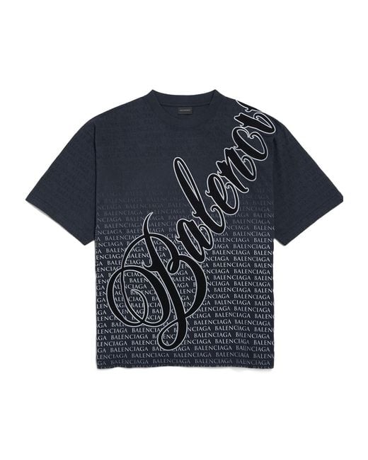 Balenciaga Blue Cotton Logo T-Shirt for men