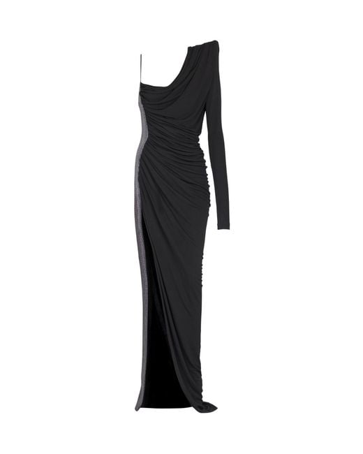 Balmain Black Draped Asymmetrical Two-Material Dress