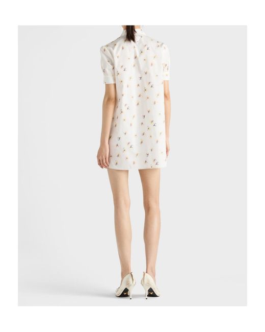 Prada White Floral Print Poplin Mini-Dress
