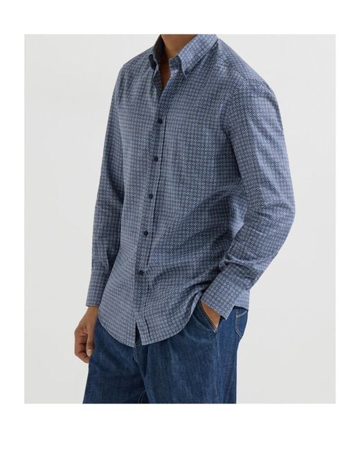 Brunello Cucinelli Blue Flower-Print Button-Down Collar Shirt for men
