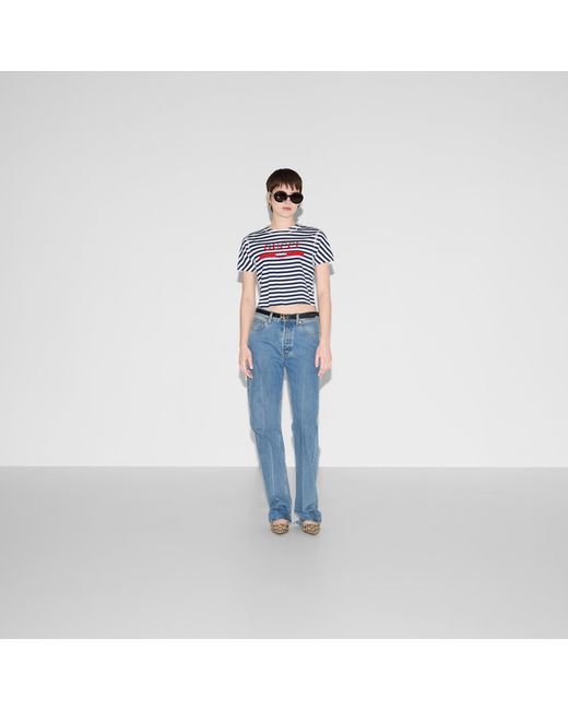 Gucci Blue Logo Printed Striped T-Shirt
