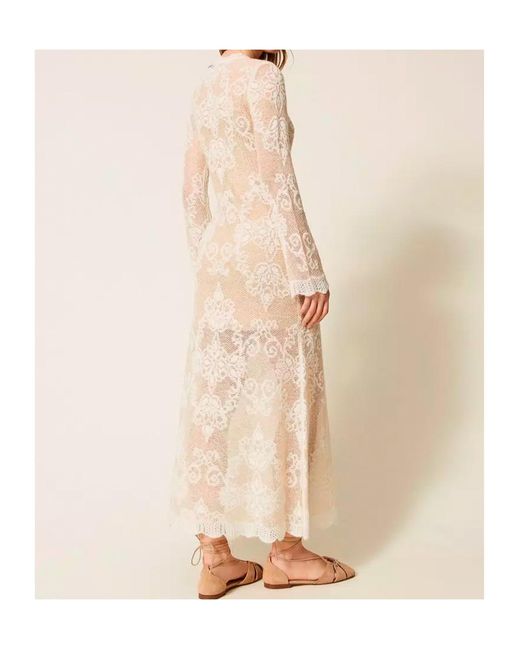 Twinset Natural Lace-Knit Long-Sleeve Midi Dress