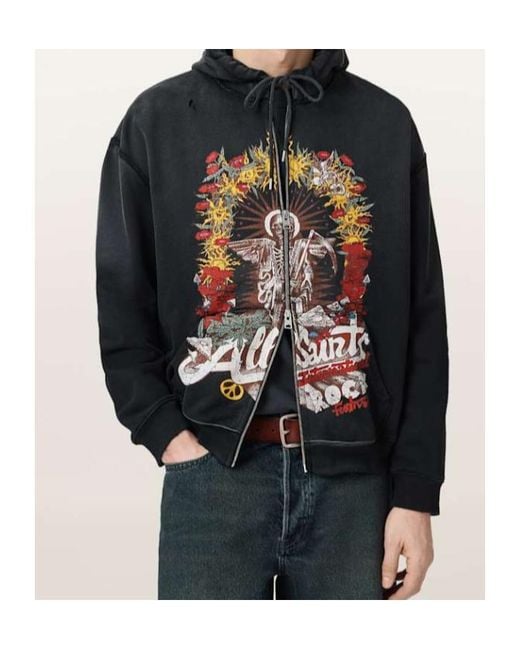 AllSaints Black Roque Graphic-Print Hoodie for men