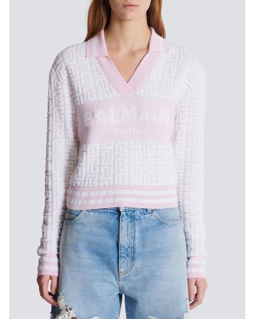 Balmain White Pb Monogram Jacquard Knit Polo Shirt