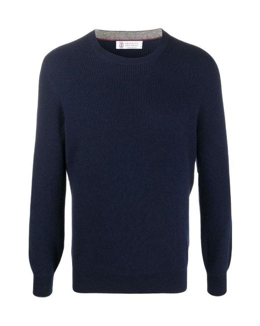Brunello Cucinelli Blue Crew-Neck Cashmere Jumper for men