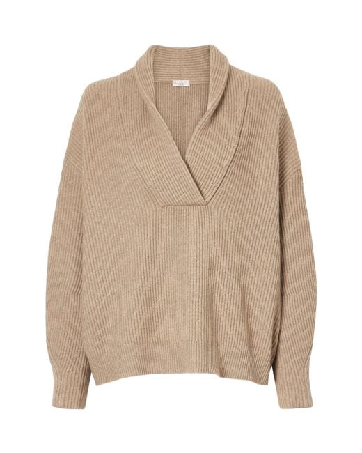 Brunello Cucinelli Natural Cashmere English-Rib Sweater With Monili