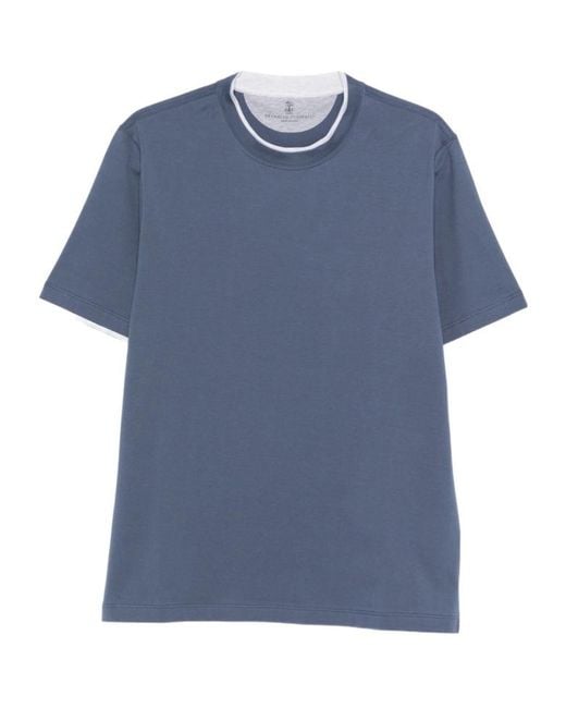 Brunello Cucinelli Blue Layered-Effect Crewneck T-Shirt for men