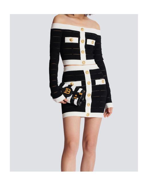 Balmain Black Off-The-Shoulder Crop Top