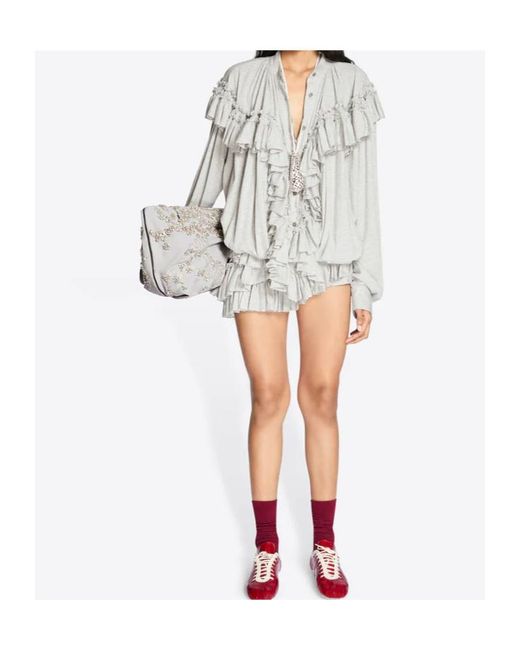 Dries Van Noten White Ruffled Jersey Blouse