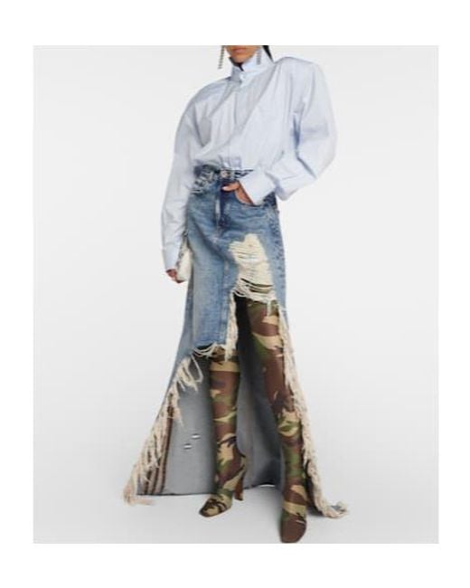 Vetements Blue Distressed Denim Maxi Skirt