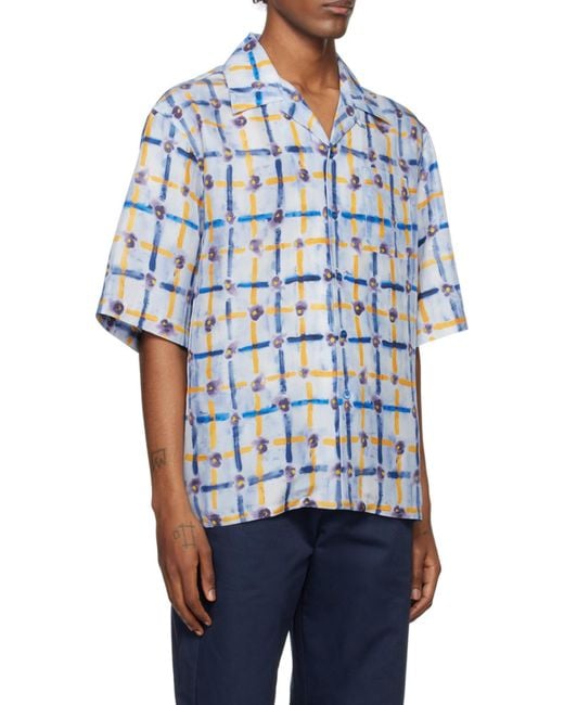Marni Blue Light Habotai Silk Bowling Shirt With Saraband Print for men