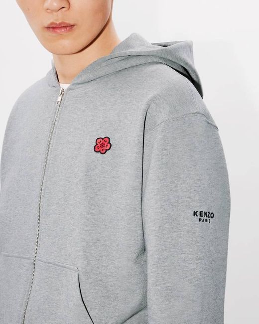 KENZO Gray Boke Flower Embroidered Zipped Hoodie for men