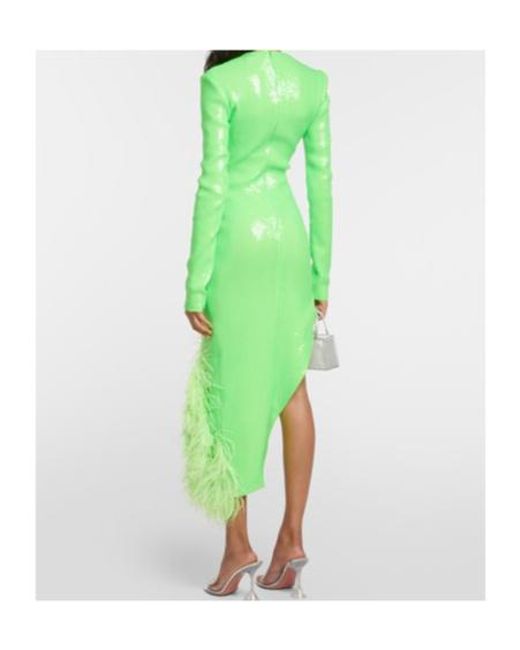 David Koma Green Sequined Feather-Trimmed Midi Dress