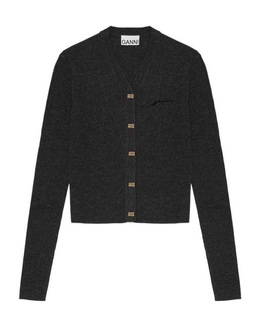Ganni Black V-Neck Logo Embroidered Cardigan