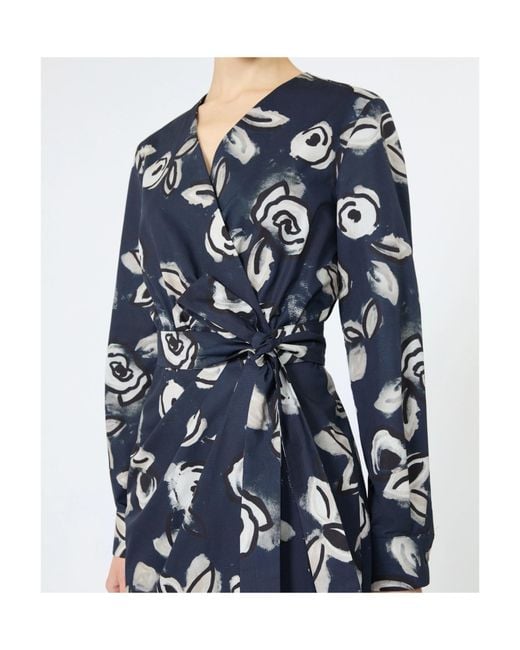 Max Mara Blue Printed Poplin Wrap Dress
