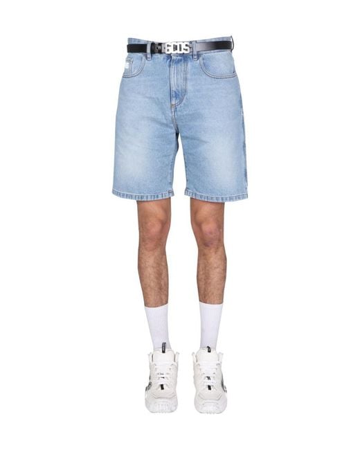 Gcds Blue Logo Patch Denim Shorts for men