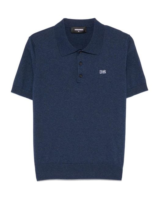 DSquared² Blue D2 Logo Embroidered Knitted Polo Shirt for men
