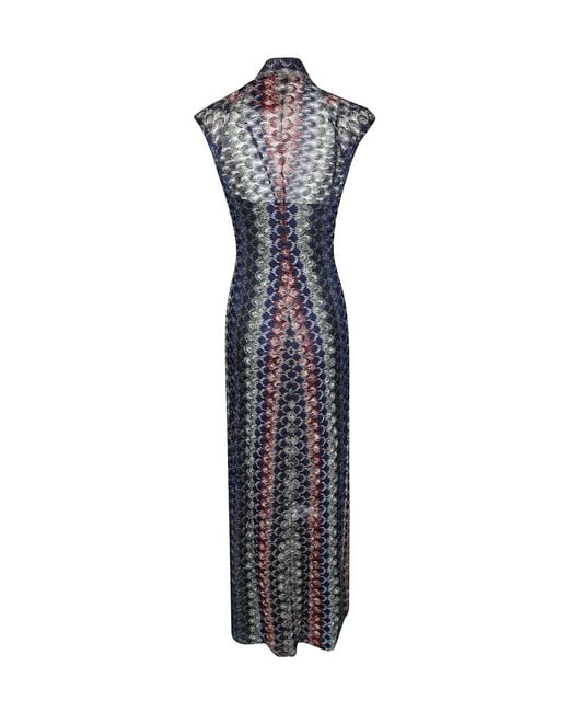 Missoni Blue Zig-Zag Pattern V-Neck Midi Dress